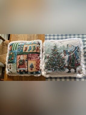Holiday Fringe Tapestry Throw Pillow Pair Blue/Green Christmas Tree & Stockings